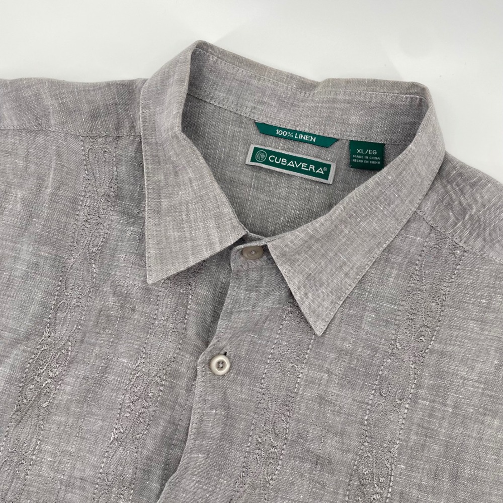 Cubavera Guayabera Shirt Mens XL Grey 100% Linen Short Sleeve Embroidered Casual